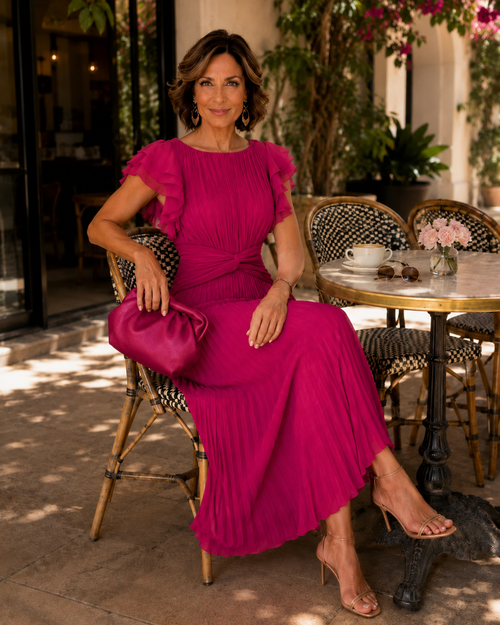 Rochie maxi plisată de damă cu talia accentuată