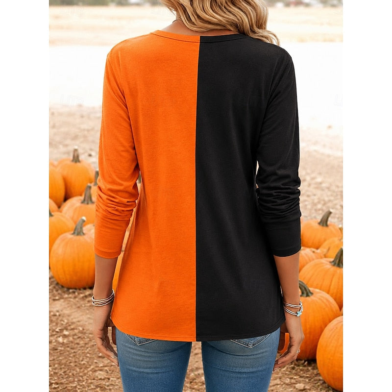Damebluse til Halloween med græskar og lange ærmer