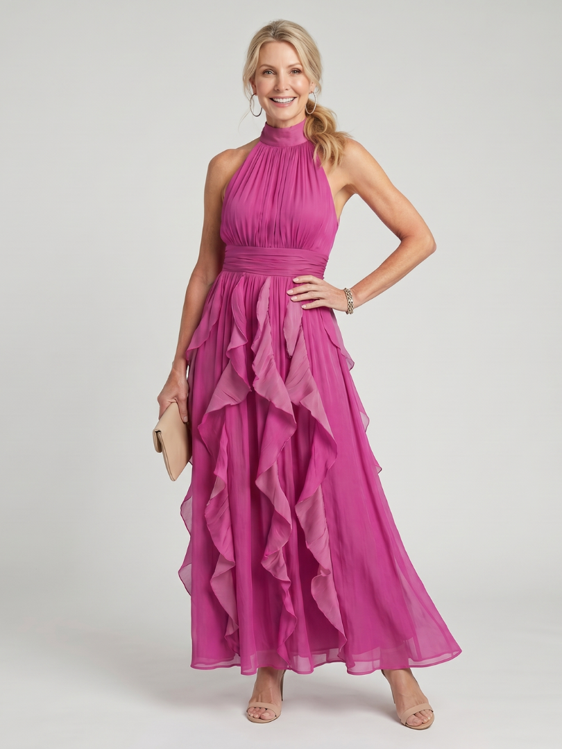 Sukienka Maxi Halter z Warstwowymi Falbanami Damska