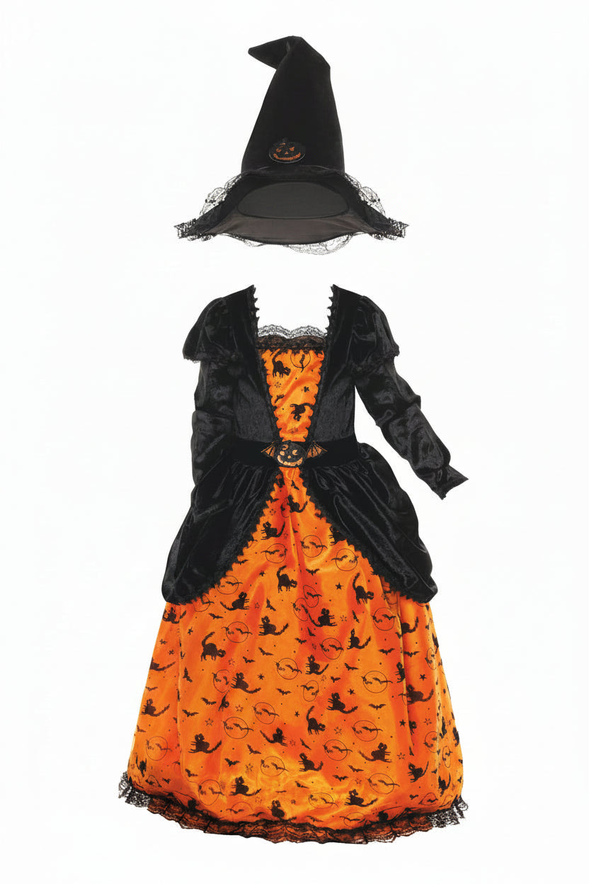 Dětský kostým čarodějnice s halloweenským potiskem