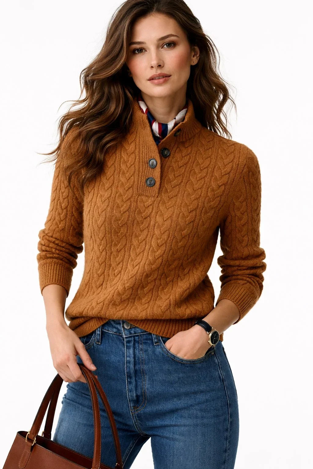 Sweter Warkoczowy ze Stójką i Guzikami Damski