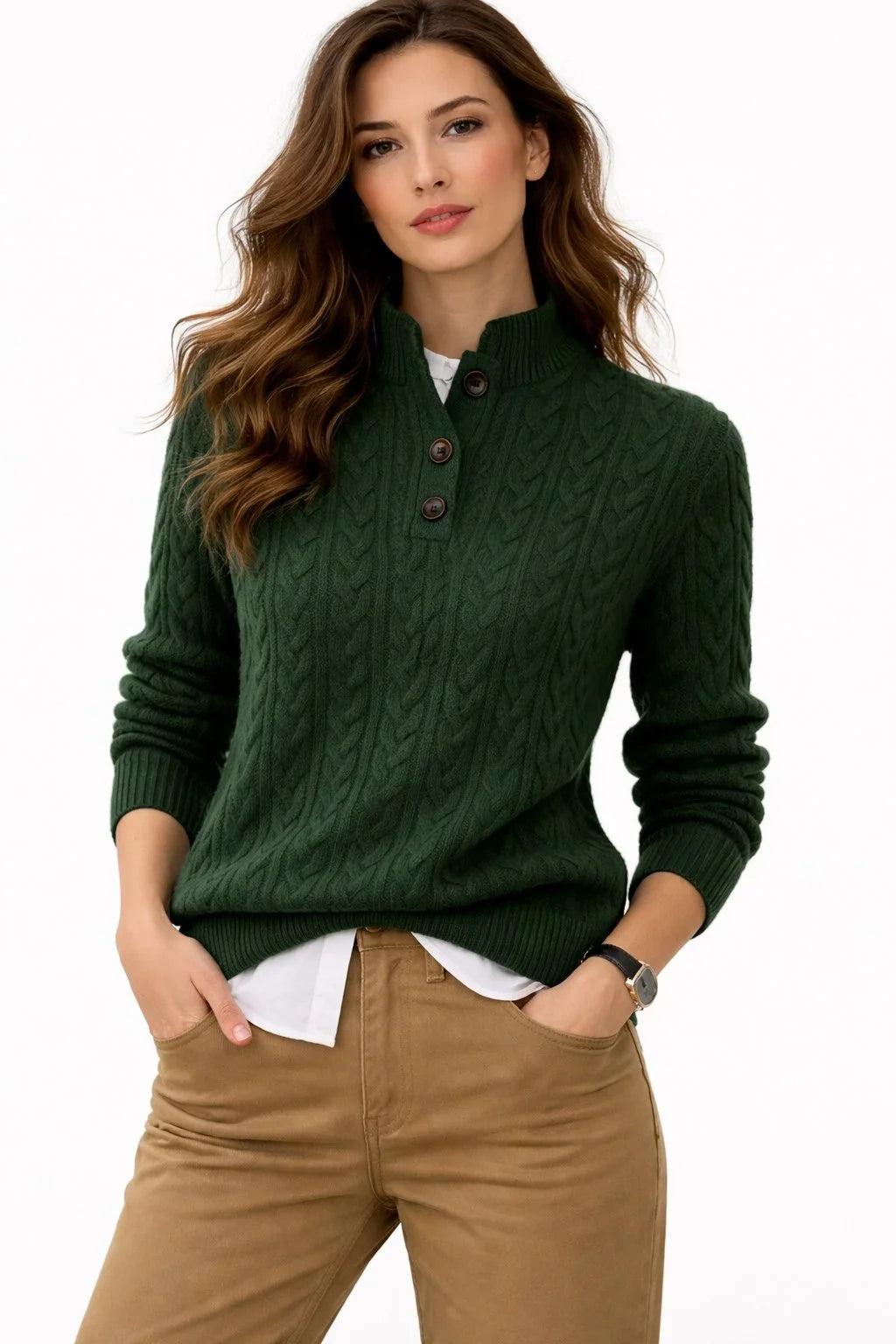 Sweter Warkoczowy ze Stójką i Guzikami Damski
